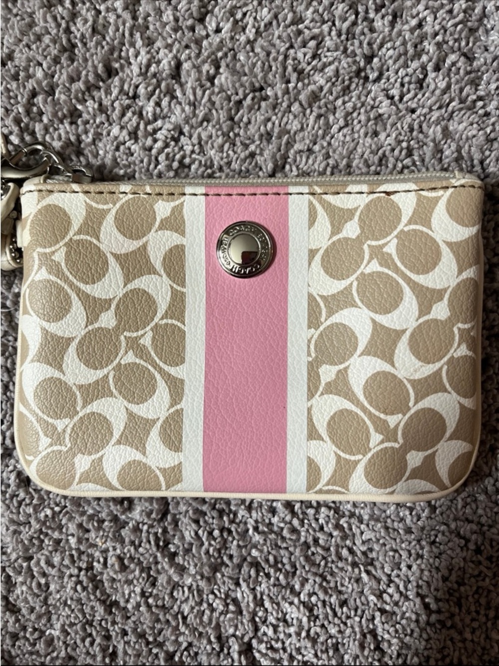 Coach Beige Signature Wristlet with Pink Stripe